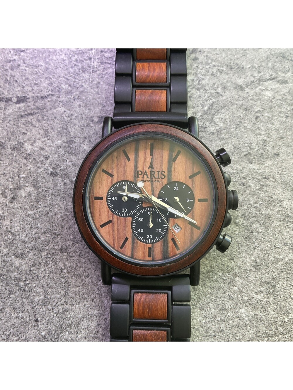 Paris Watch Co. Mens Watch 45mm Black Case & Band W/Wood Accents A20